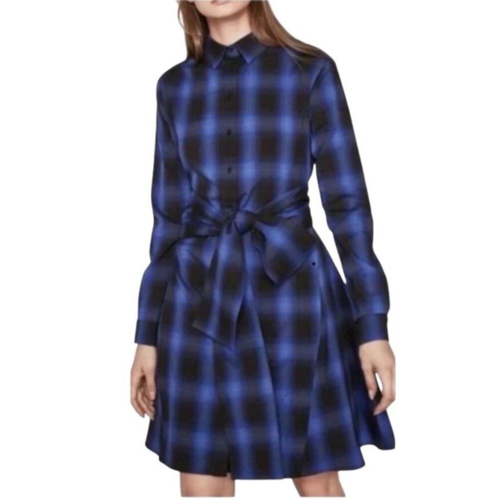 Maje Rulyl Plaid Shirt Dress Sz S Blue Black Buffalo Check Dark Academia Tie
